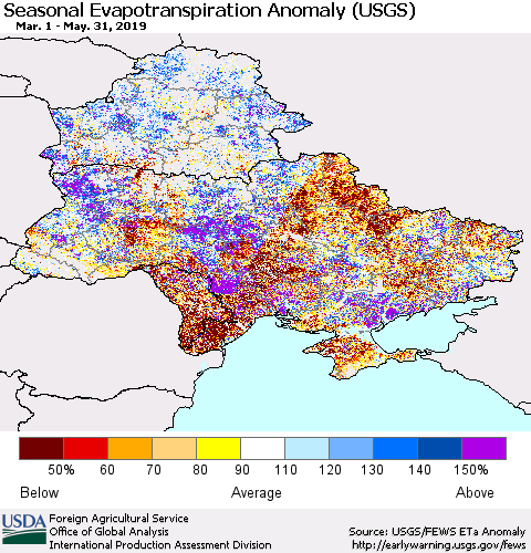 Ukraine, Moldova and Belarus Seasonal Actual Evapotranspiration Anomaly (USGS) Thematic Map For 4/1/2019 - 5/31/2019
