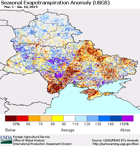 Ukraine, Moldova and Belarus Seasonal Actual Evapotranspiration Anomaly (USGS) Thematic Map For 4/1/2019 - 6/10/2019