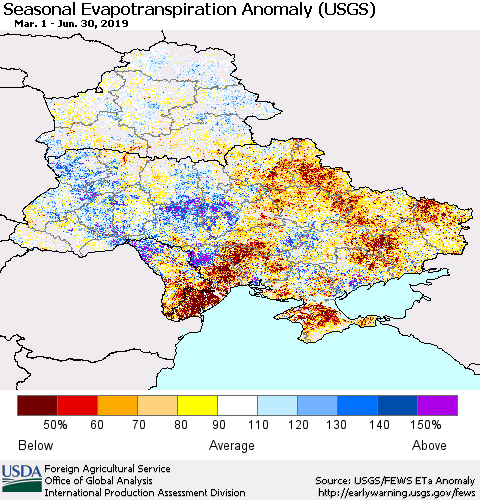Ukraine, Moldova and Belarus Seasonal Actual Evapotranspiration Anomaly (USGS) Thematic Map For 4/1/2019 - 6/30/2019