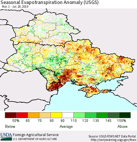 Ukraine, Moldova and Belarus Seasonal Actual Evapotranspiration Anomaly (USGS) Thematic Map For 4/1/2019 - 7/20/2019