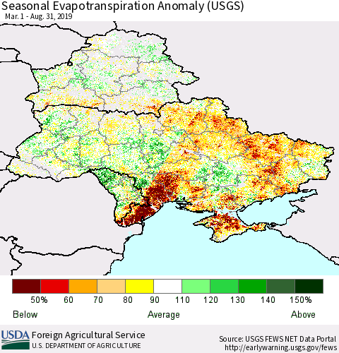Ukraine, Moldova and Belarus Seasonal Actual Evapotranspiration Anomaly (USGS) Thematic Map For 4/1/2019 - 8/31/2019