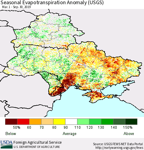 Ukraine, Moldova and Belarus Seasonal Actual Evapotranspiration Anomaly (USGS) Thematic Map For 4/1/2019 - 9/30/2019