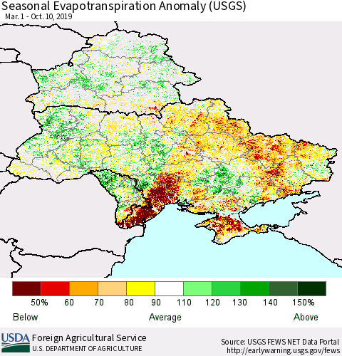 Ukraine, Moldova and Belarus Seasonal Actual Evapotranspiration Anomaly (USGS) Thematic Map For 4/1/2019 - 10/10/2019