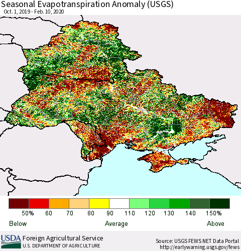 Ukraine, Moldova and Belarus Seasonal Actual Evapotranspiration Anomaly (USGS) Thematic Map For 9/1/2019 - 2/10/2020