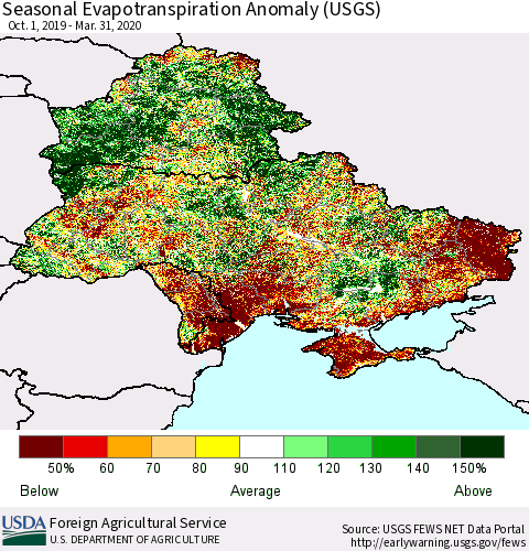 Ukraine, Moldova and Belarus Seasonal Actual Evapotranspiration Anomaly (USGS) Thematic Map For 9/1/2019 - 3/31/2020