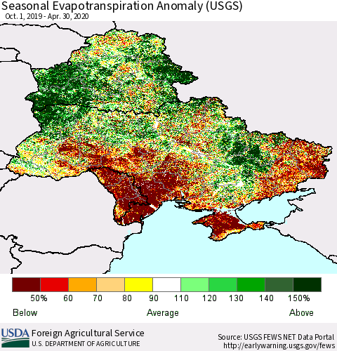 Ukraine, Moldova and Belarus Seasonal Actual Evapotranspiration Anomaly (USGS) Thematic Map For 9/1/2019 - 4/30/2020