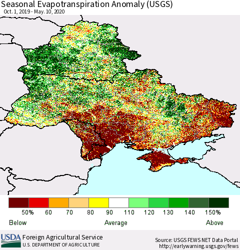 Ukraine, Moldova and Belarus Seasonal Actual Evapotranspiration Anomaly (USGS) Thematic Map For 9/1/2019 - 5/10/2020