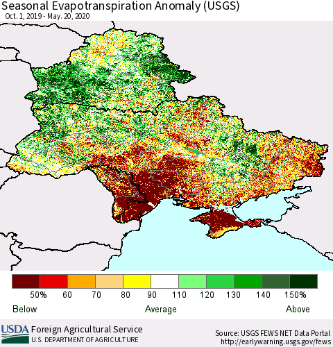 Ukraine, Moldova and Belarus Seasonal Actual Evapotranspiration Anomaly (USGS) Thematic Map For 9/1/2019 - 5/20/2020