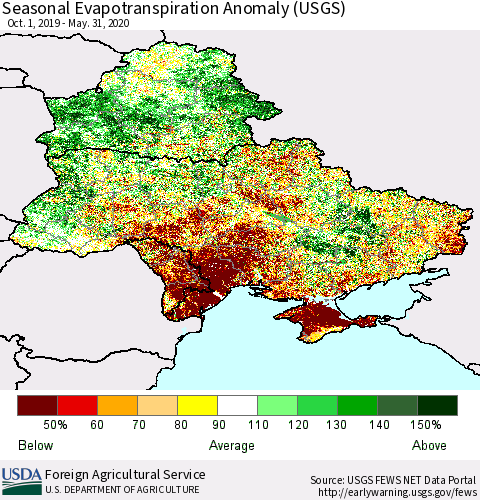 Ukraine, Moldova and Belarus Seasonal Actual Evapotranspiration Anomaly (USGS) Thematic Map For 9/1/2019 - 5/31/2020