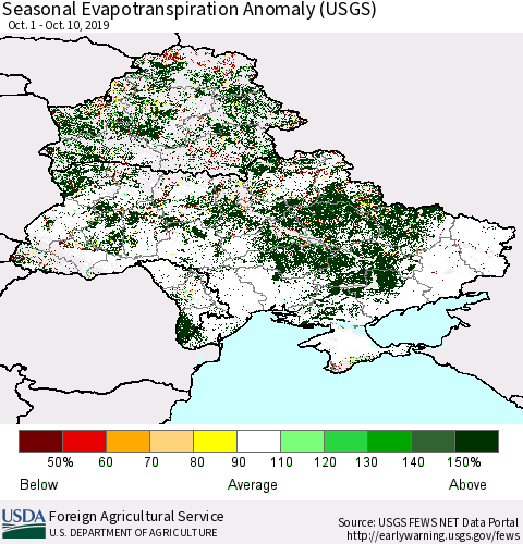 Ukraine, Moldova and Belarus Seasonal Actual Evapotranspiration Anomaly (USGS) Thematic Map For 9/1/2019 - 10/10/2019
