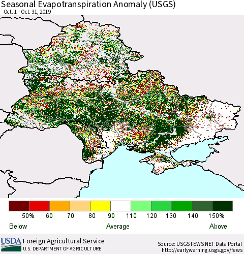 Ukraine, Moldova and Belarus Seasonal Actual Evapotranspiration Anomaly (USGS) Thematic Map For 9/1/2019 - 10/31/2019
