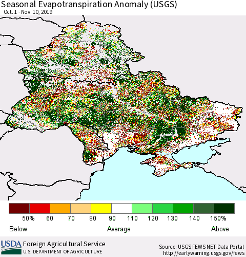 Ukraine, Moldova and Belarus Seasonal Actual Evapotranspiration Anomaly (USGS) Thematic Map For 9/1/2019 - 11/10/2019