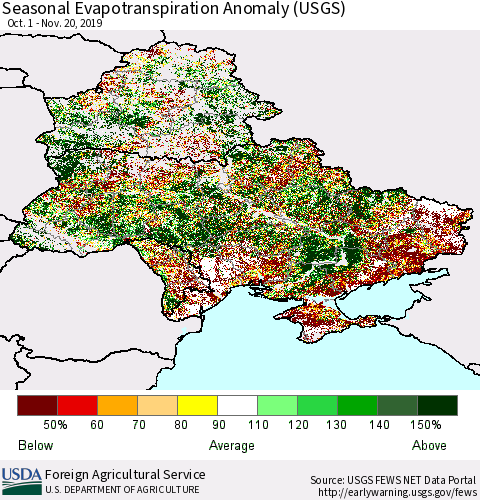 Ukraine, Moldova and Belarus Seasonal Actual Evapotranspiration Anomaly (USGS) Thematic Map For 9/1/2019 - 11/20/2019
