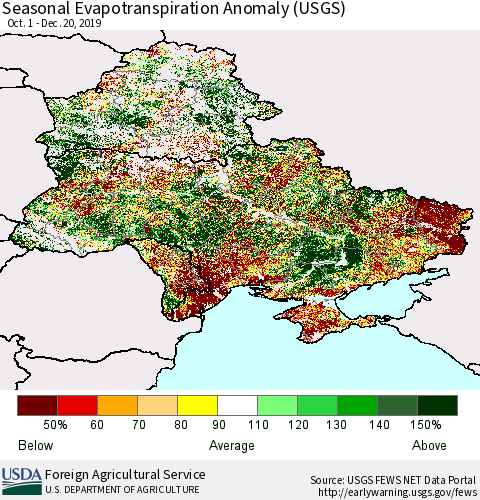 Ukraine, Moldova and Belarus Seasonal Actual Evapotranspiration Anomaly (USGS) Thematic Map For 9/1/2019 - 12/20/2019