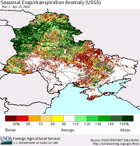 Ukraine, Moldova and Belarus Seasonal Actual Evapotranspiration Anomaly (USGS) Thematic Map For 4/1/2020 - 4/10/2020