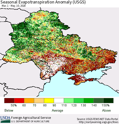 Ukraine, Moldova and Belarus Seasonal Actual Evapotranspiration Anomaly (USGS) Thematic Map For 4/1/2020 - 5/10/2020