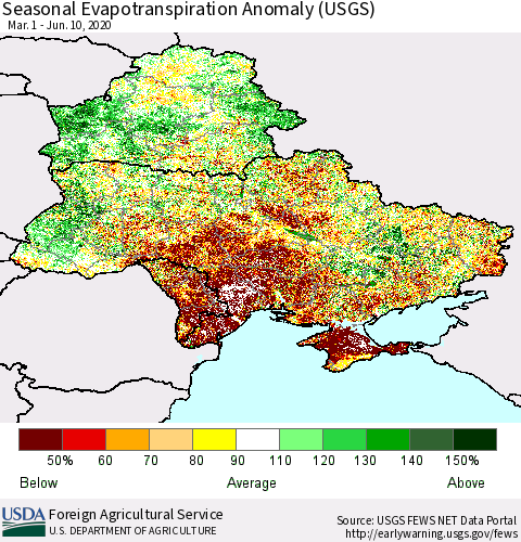 Ukraine, Moldova and Belarus Seasonal Actual Evapotranspiration Anomaly (USGS) Thematic Map For 4/1/2020 - 6/10/2020