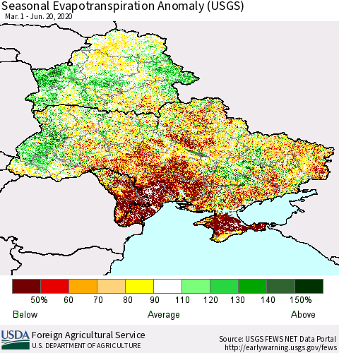 Ukraine, Moldova and Belarus Seasonal Actual Evapotranspiration Anomaly (USGS) Thematic Map For 4/1/2020 - 6/20/2020