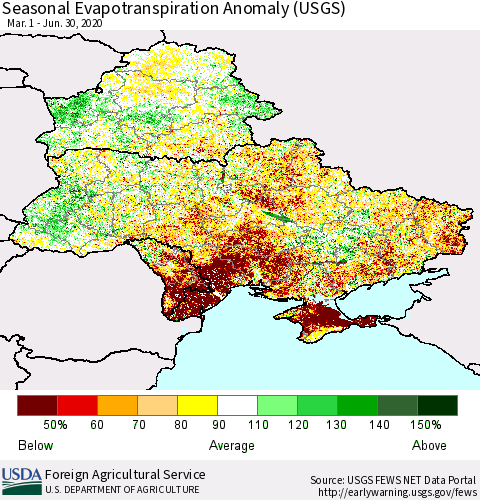 Ukraine, Moldova and Belarus Seasonal Actual Evapotranspiration Anomaly (USGS) Thematic Map For 4/1/2020 - 6/30/2020