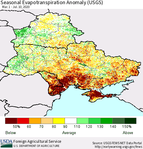 Ukraine, Moldova and Belarus Seasonal Actual Evapotranspiration Anomaly (USGS) Thematic Map For 4/1/2020 - 7/10/2020