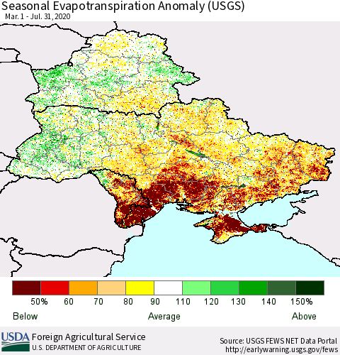 Ukraine, Moldova and Belarus Seasonal Actual Evapotranspiration Anomaly (USGS) Thematic Map For 4/1/2020 - 7/31/2020
