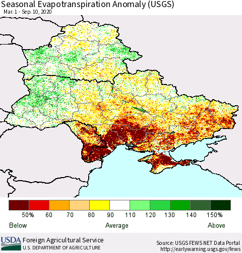 Ukraine, Moldova and Belarus Seasonal Actual Evapotranspiration Anomaly (USGS) Thematic Map For 4/1/2020 - 9/10/2020
