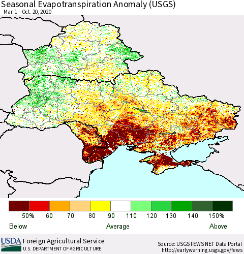 Ukraine, Moldova and Belarus Seasonal Actual Evapotranspiration Anomaly (USGS) Thematic Map For 4/1/2020 - 10/20/2020