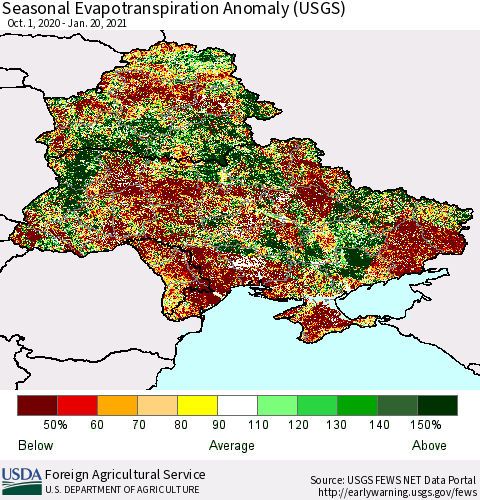 Ukraine, Moldova and Belarus Seasonal Evapotranspiration Anomaly (USGS) Thematic Map For 9/1/2020 - 1/20/2021