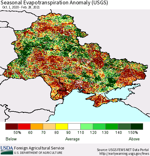 Ukraine, Moldova and Belarus Seasonal Actual Evapotranspiration Anomaly (USGS) Thematic Map For 9/1/2020 - 2/28/2021