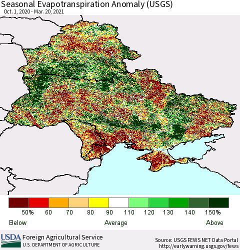 Ukraine, Moldova and Belarus Seasonal Actual Evapotranspiration Anomaly (USGS) Thematic Map For 9/1/2020 - 3/20/2021