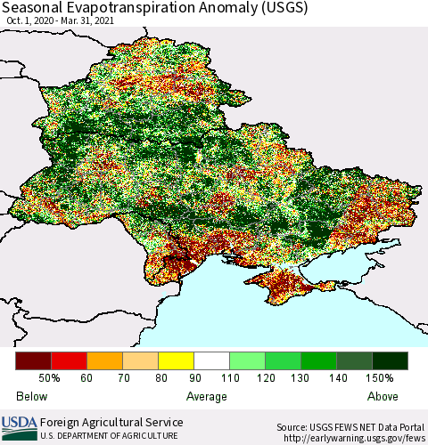 Ukraine, Moldova and Belarus Seasonal Evapotranspiration Anomaly (USGS) Thematic Map For 9/1/2020 - 3/31/2021