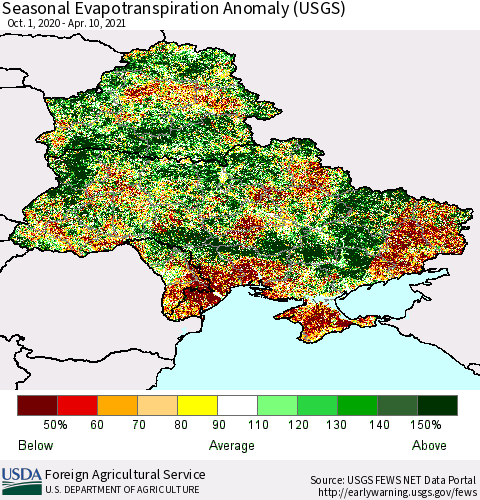Ukraine, Moldova and Belarus Seasonal Actual Evapotranspiration Anomaly (USGS) Thematic Map For 9/1/2020 - 4/10/2021