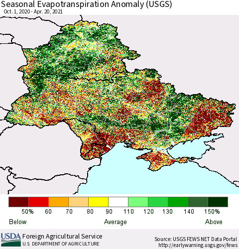 Ukraine, Moldova and Belarus Seasonal Actual Evapotranspiration Anomaly (USGS) Thematic Map For 9/1/2020 - 4/20/2021