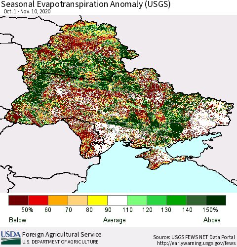 Ukraine, Moldova and Belarus Seasonal Actual Evapotranspiration Anomaly (USGS) Thematic Map For 9/1/2020 - 11/10/2020