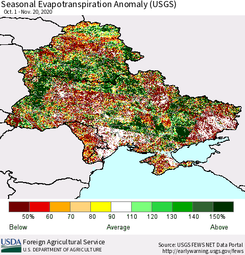 Ukraine, Moldova and Belarus Seasonal Actual Evapotranspiration Anomaly (USGS) Thematic Map For 9/1/2020 - 11/20/2020
