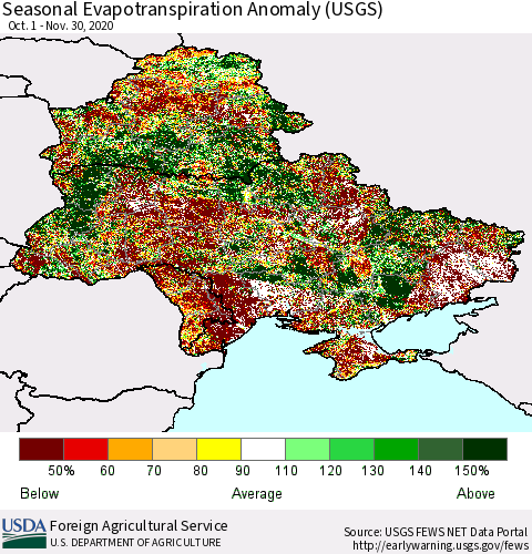 Ukraine, Moldova and Belarus Seasonal Actual Evapotranspiration Anomaly (USGS) Thematic Map For 9/1/2020 - 11/30/2020