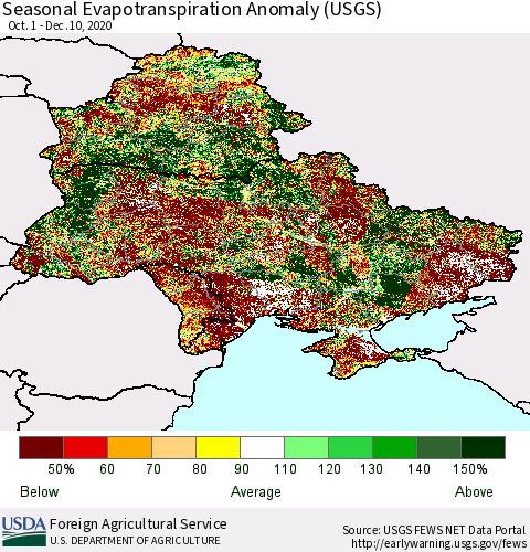 Ukraine, Moldova and Belarus Seasonal Actual Evapotranspiration Anomaly (USGS) Thematic Map For 9/1/2020 - 12/10/2020