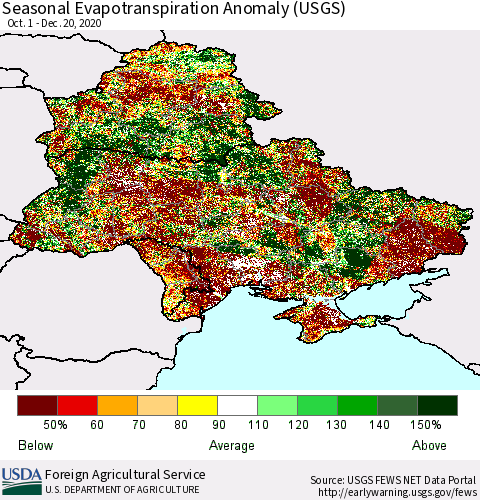 Ukraine, Moldova and Belarus Seasonal Actual Evapotranspiration Anomaly (USGS) Thematic Map For 9/1/2020 - 12/20/2020