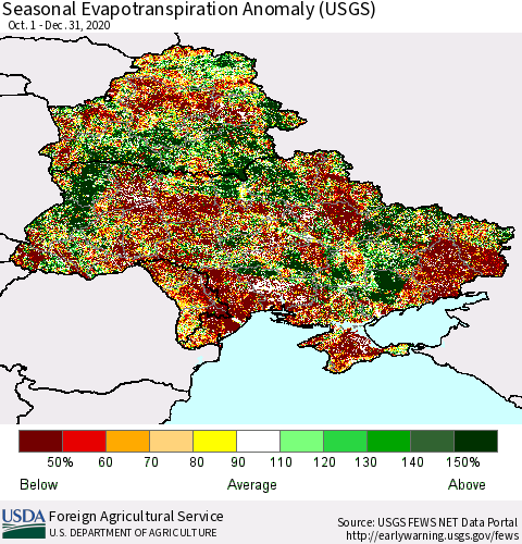 Ukraine, Moldova and Belarus Seasonal Actual Evapotranspiration Anomaly (USGS) Thematic Map For 9/1/2020 - 12/31/2020