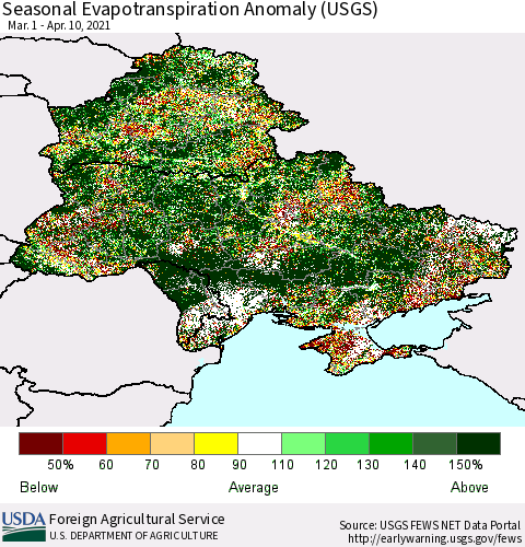 Ukraine, Moldova and Belarus Seasonal Actual Evapotranspiration Anomaly (USGS) Thematic Map For 4/1/2021 - 4/10/2021