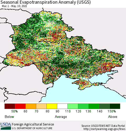 Ukraine, Moldova and Belarus Seasonal Actual Evapotranspiration Anomaly (USGS) Thematic Map For 4/1/2021 - 5/10/2021