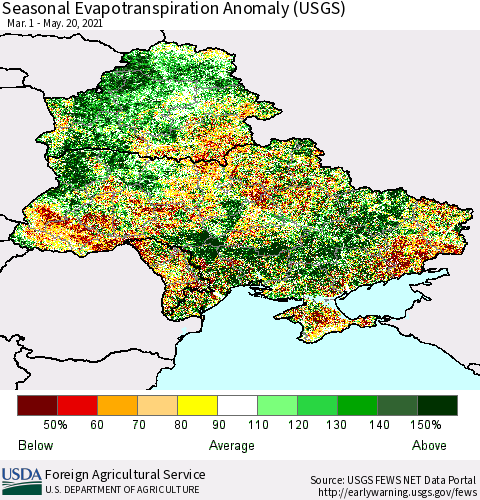 Ukraine, Moldova and Belarus Seasonal Actual Evapotranspiration Anomaly (USGS) Thematic Map For 4/1/2021 - 5/20/2021
