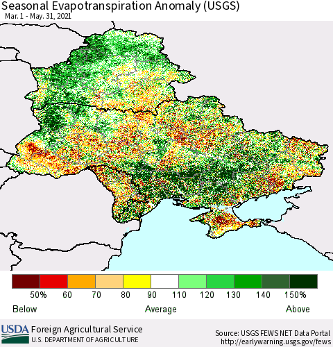 Ukraine, Moldova and Belarus Seasonal Actual Evapotranspiration Anomaly (USGS) Thematic Map For 4/1/2021 - 5/31/2021