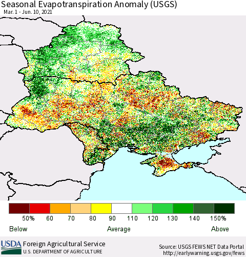 Ukraine, Moldova and Belarus Seasonal Actual Evapotranspiration Anomaly (USGS) Thematic Map For 4/1/2021 - 6/10/2021