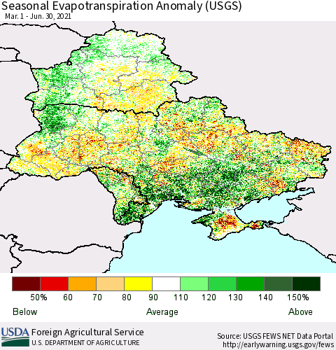 Ukraine, Moldova and Belarus Seasonal Actual Evapotranspiration Anomaly (USGS) Thematic Map For 4/1/2021 - 6/30/2021