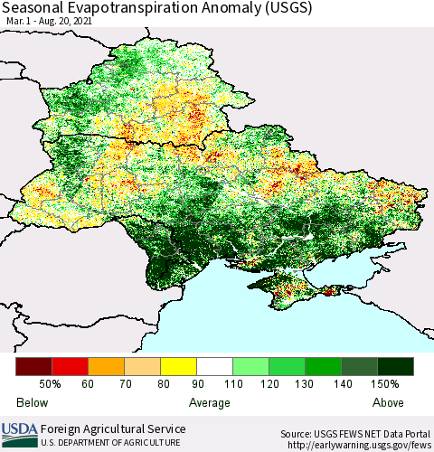 Ukraine, Moldova and Belarus Seasonal Actual Evapotranspiration Anomaly (USGS) Thematic Map For 4/1/2021 - 8/20/2021