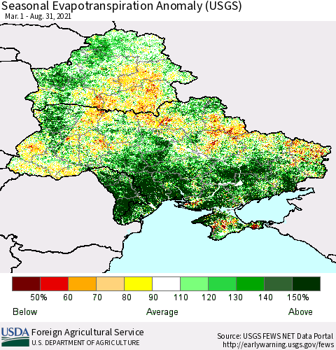 Ukraine, Moldova and Belarus Seasonal Actual Evapotranspiration Anomaly (USGS) Thematic Map For 4/1/2021 - 8/31/2021
