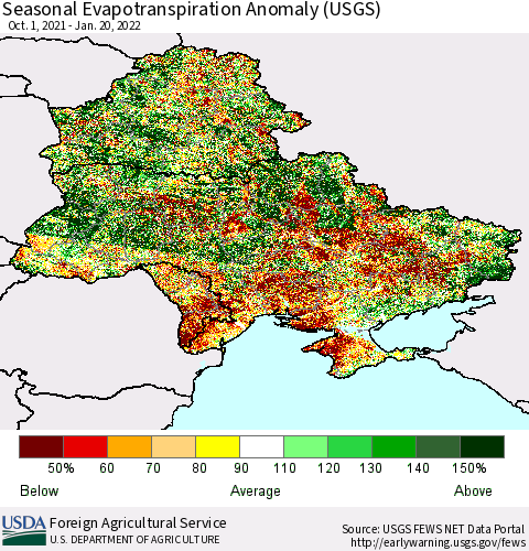 Ukraine, Moldova and Belarus Seasonal Actual Evapotranspiration Anomaly (USGS) Thematic Map For 9/1/2021 - 1/20/2022
