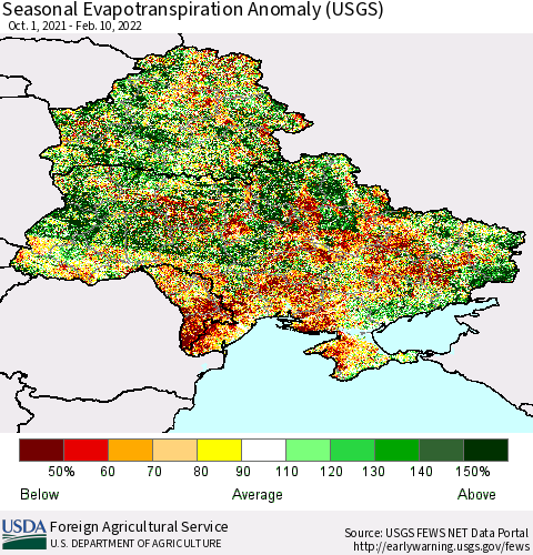 Ukraine, Moldova and Belarus Seasonal Actual Evapotranspiration Anomaly (USGS) Thematic Map For 9/1/2021 - 2/10/2022