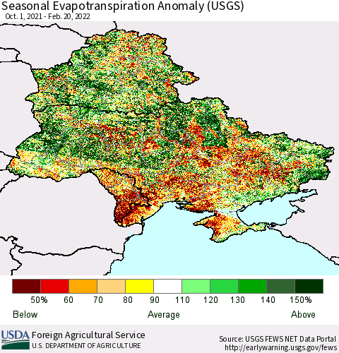 Ukraine, Moldova and Belarus Seasonal Actual Evapotranspiration Anomaly (USGS) Thematic Map For 9/1/2021 - 2/20/2022